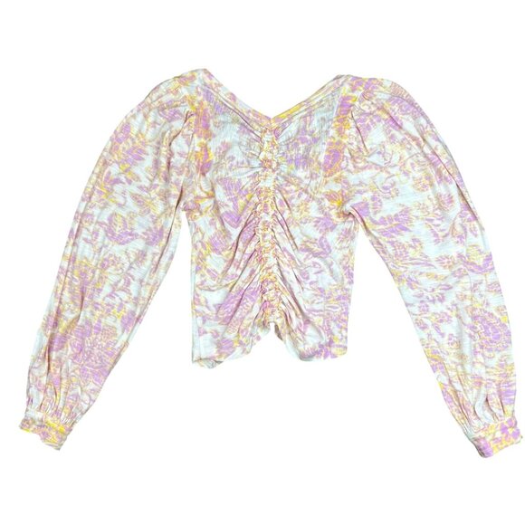 Free People Say The Word Ruched Ivory Combo Long-Sleeve V-Neck Top X-Small - Picture 4 of 10